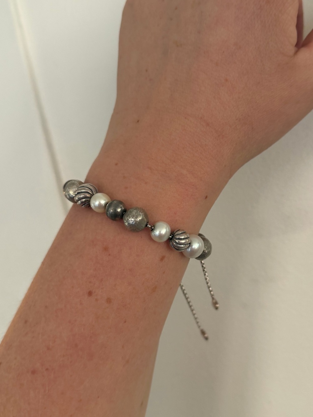 David Yurman Sterling Silver and Pearl Bead Adjustable Bracelet